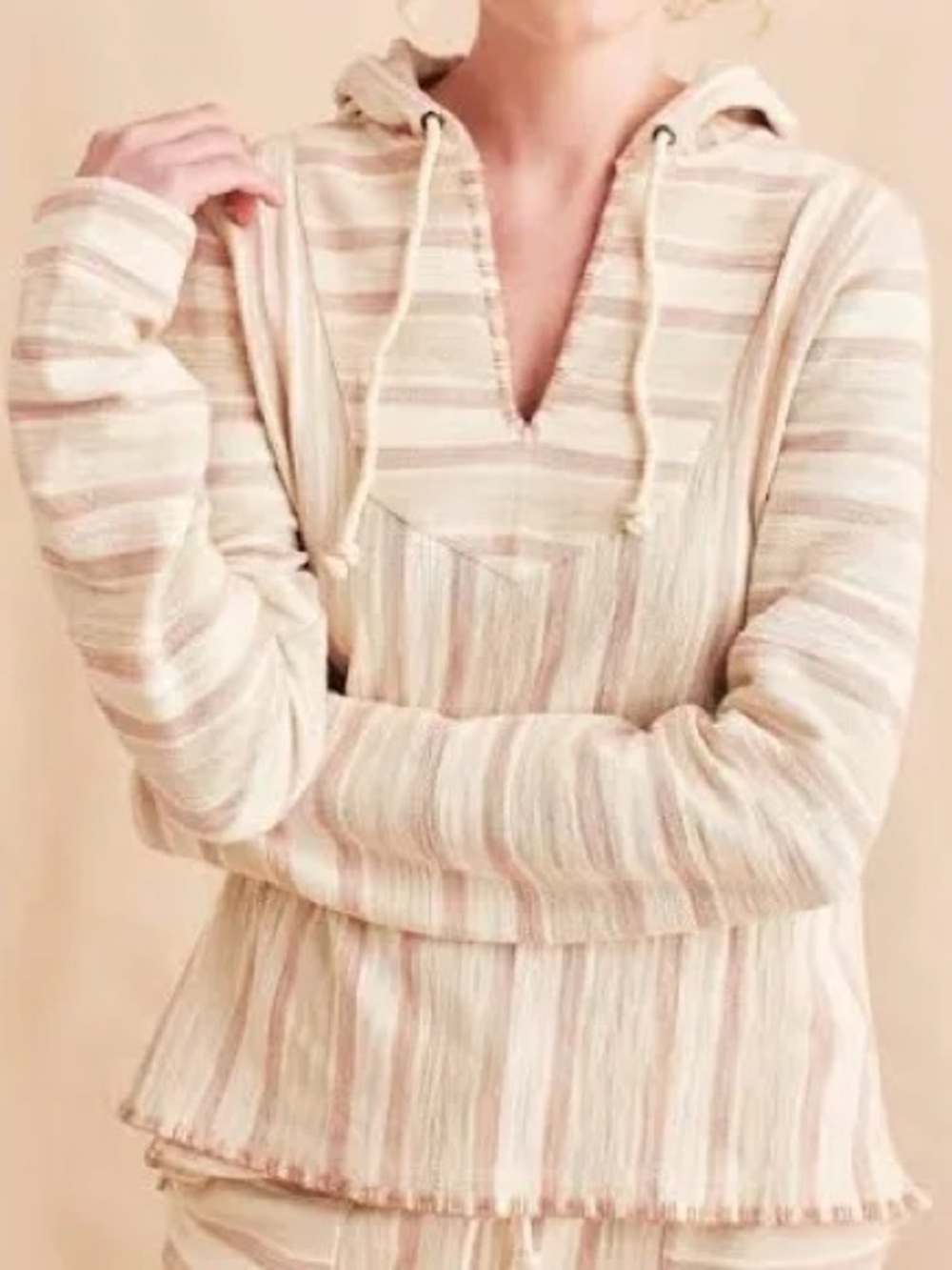 Faherty Cream and Light Pink Striped Hoodie